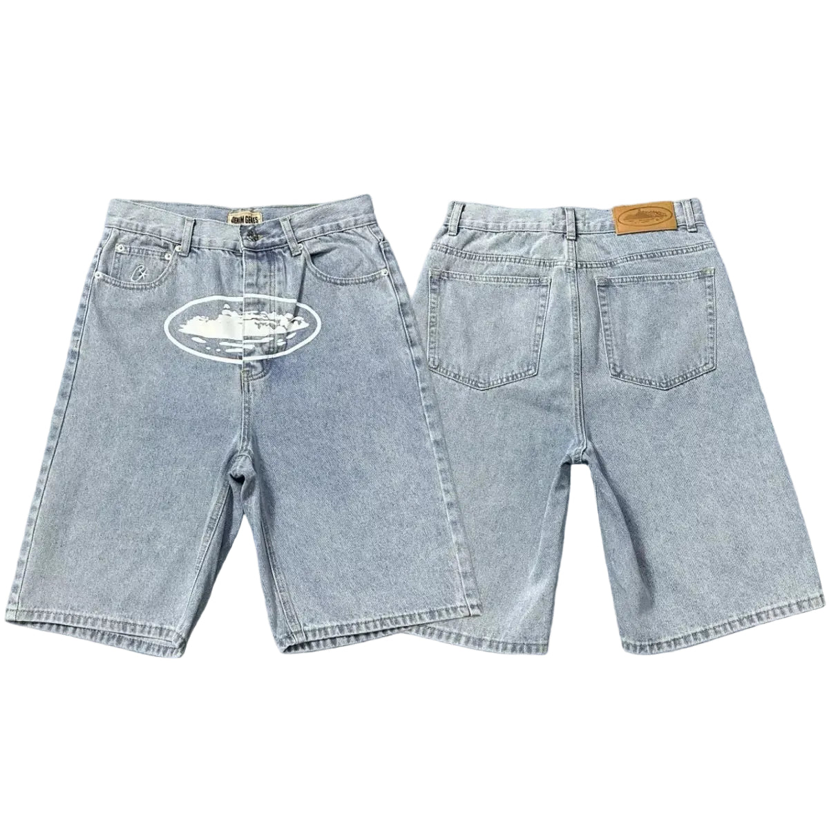 Corteiz Alcatraz Island Front Logo Heavyweight Denim Shorts - Light Blue