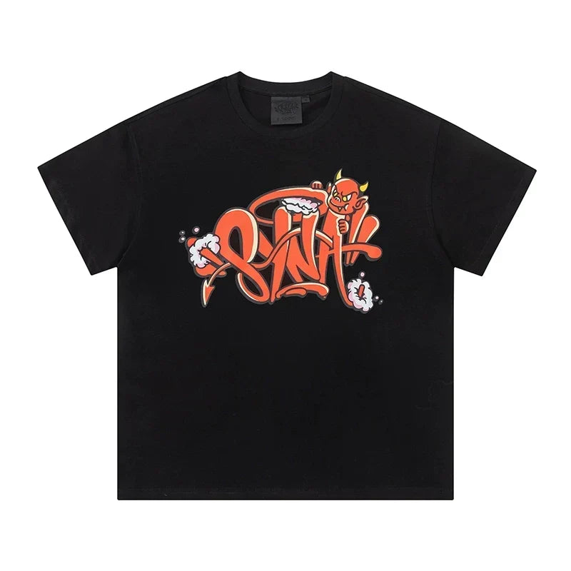 Syna World Red Devil Graffiti Graphic Oversized Tee (Black / Orange / Red)